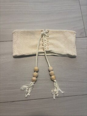 Montce Cream Crochet Lace-Up Bandeau Bikini Top with Wooden Beads